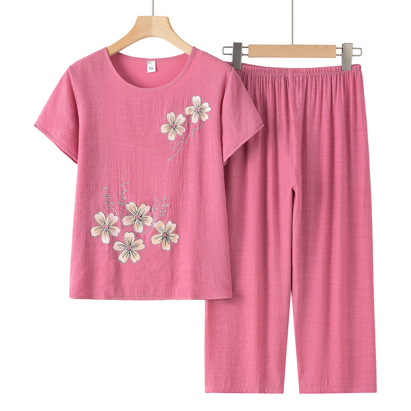 奶奶装夏装套装印花老年人女妈妈短袖棉麻宽松老人夏天衣服两件套