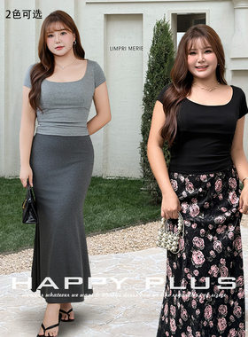 happyhut加肥加大码女装200斤胖mm夏短袖上衣弹力修身方领短袖T恤