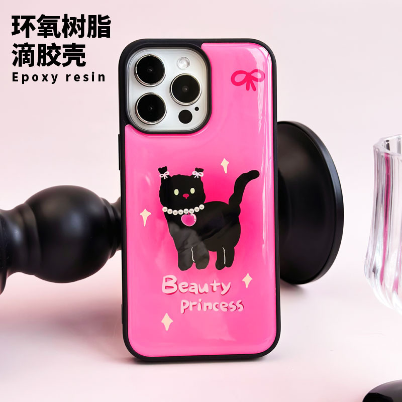 苹果16手机壳适用滴胶壳iPhone14pro卡通13Promax创意粉色背景黑色精致小猫图案手机壳