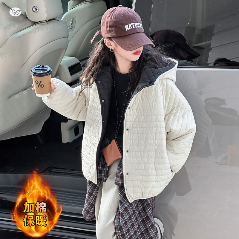 女童棉服外套2025年冬季新款中大童双面穿加厚夹克衫休闲连帽棉衣，童装棉衣，祺儿童装