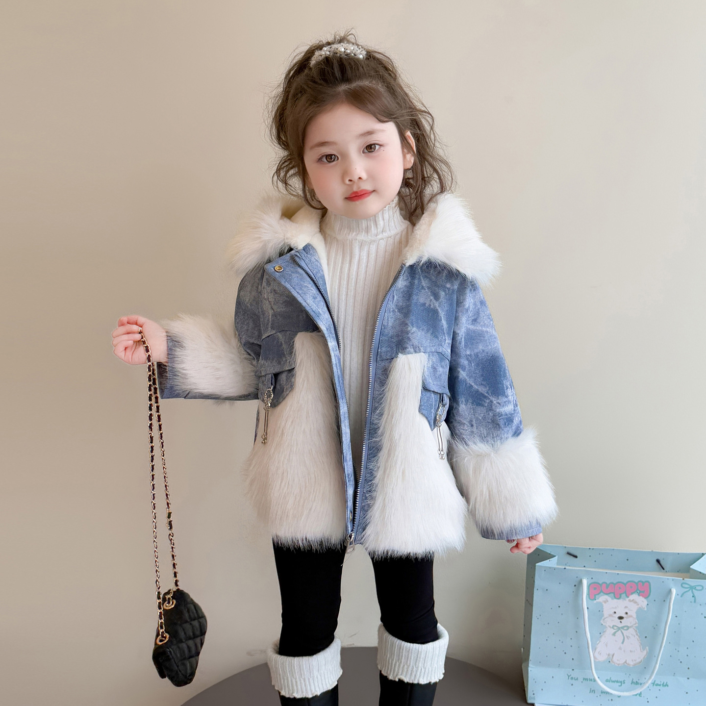 儿童冬季时髦外套2025女童加绒加厚保暖级仿牛仔皮草女冬装潮P111，童装外套，祺妙童装