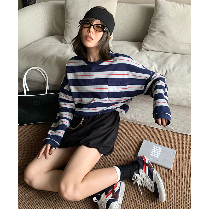 68hours 女款时尚T恤宽松miu系条纹长袖圆领上衣百搭休闲女早秋