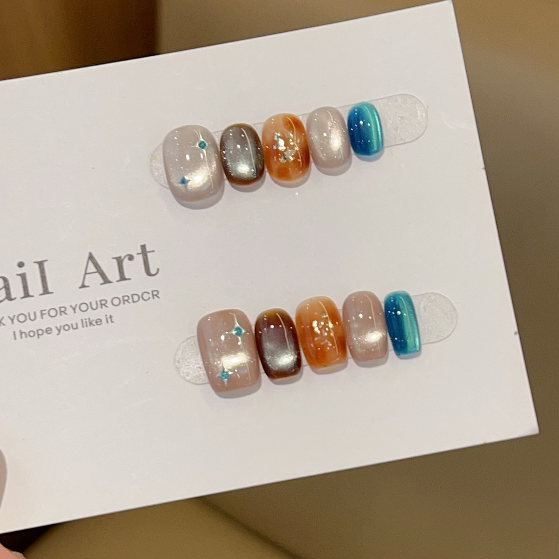 【蓝色星河】琥珀晕染金箔蓝色猫眼手工穿戴甲278款带盒子工具包