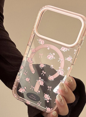 Korean style pink floral flowers magnetic clear case适用iphone 11 12 13 14 15 16 17 pro max
