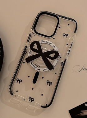 Black bow magnetic bracket clear case适用iphone 11 12 13 14 15 16 17 pro max