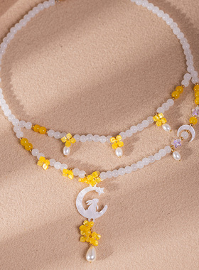 桂花月亮月兔珍珠吊坠项链蝶贝中国风汉服配饰双层璎珞中秋古风