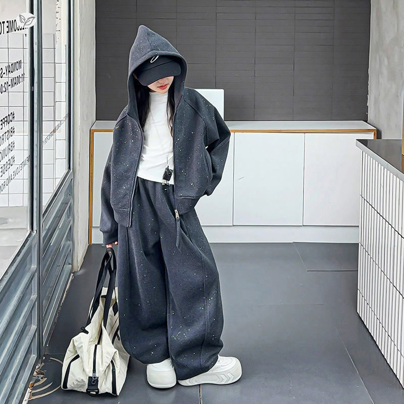 女童2025年秋季新款撒银连帽卫衣套装大童女孩学生外套阔腿裤卫裤，童装休闲套装，祺儿童装