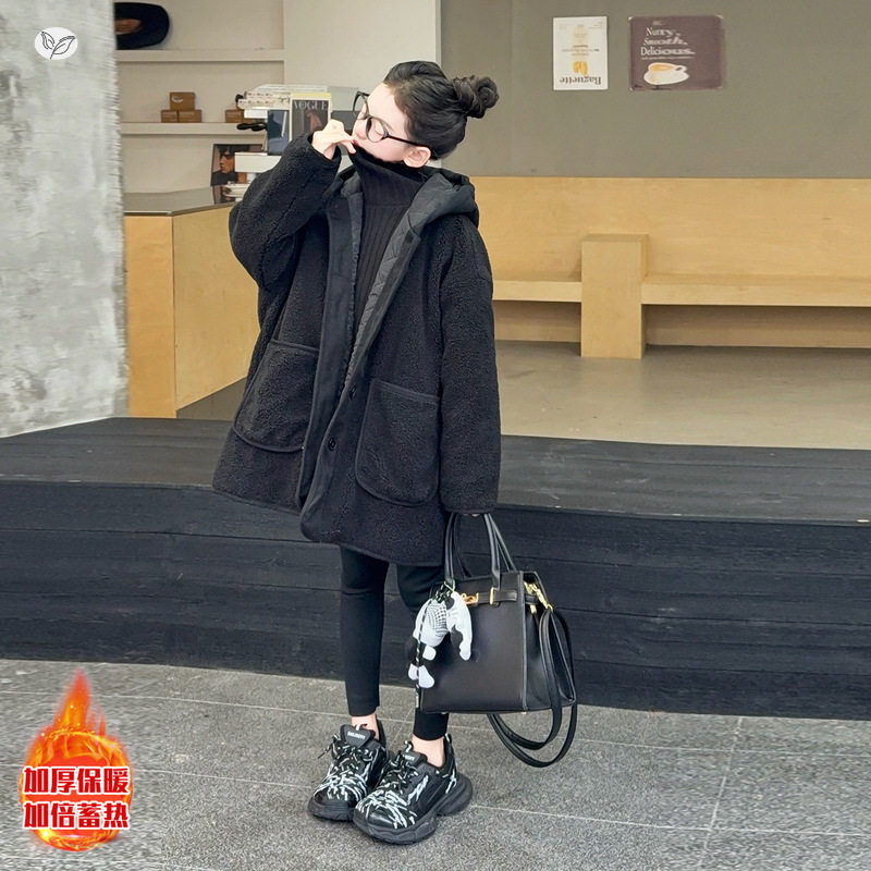 女童2025冬季新款韩系黑色连帽夹棉外套女大童加厚保暖中长款棉衣，童装棉衣，祺儿童装