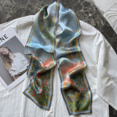 油画风真丝丝巾女春夏季 长条真丝围巾双层真丝飘带防晒披肩小领巾