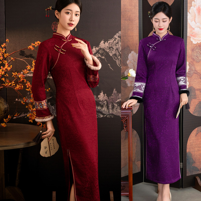 紫色旗袍秋冬新款加绒长袖日常改良年轻款新中式礼服妈妈装连衣裙