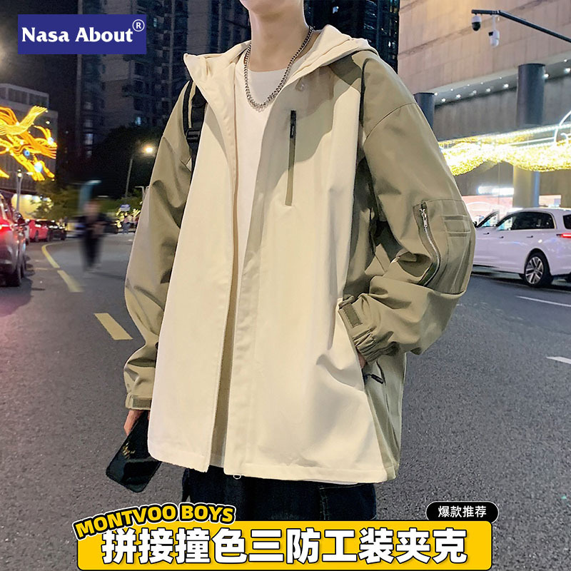 NASA男士外套冬款假两件加厚夹克工装2024新款生潮牌冬季冲锋衣