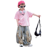 童短袖套装2025夏季新款牛仔裤阔腿裤工装裤烧花T恤上衣两件套，商品下架区，祺儿童装