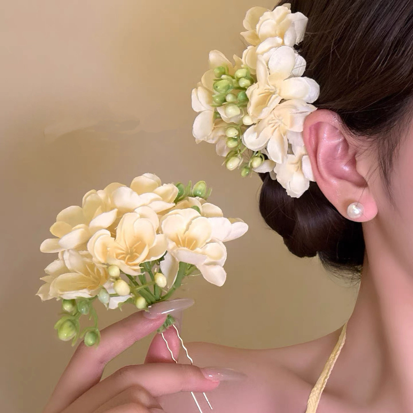 【原创】晴岛茉莉 氛围感黄色花朵发簪发钗女海边度假侧边夹头花