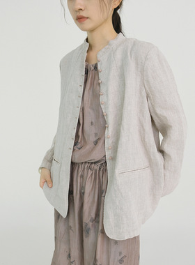 复古秋季纯亚麻休闲小西装 轻法新中式长袖立领显瘦外套S23243