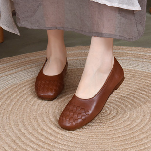 木森鸟2026羊皮编织浅口单鞋女软底低跟圆头工作鞋女鞋麦昆小白鞋