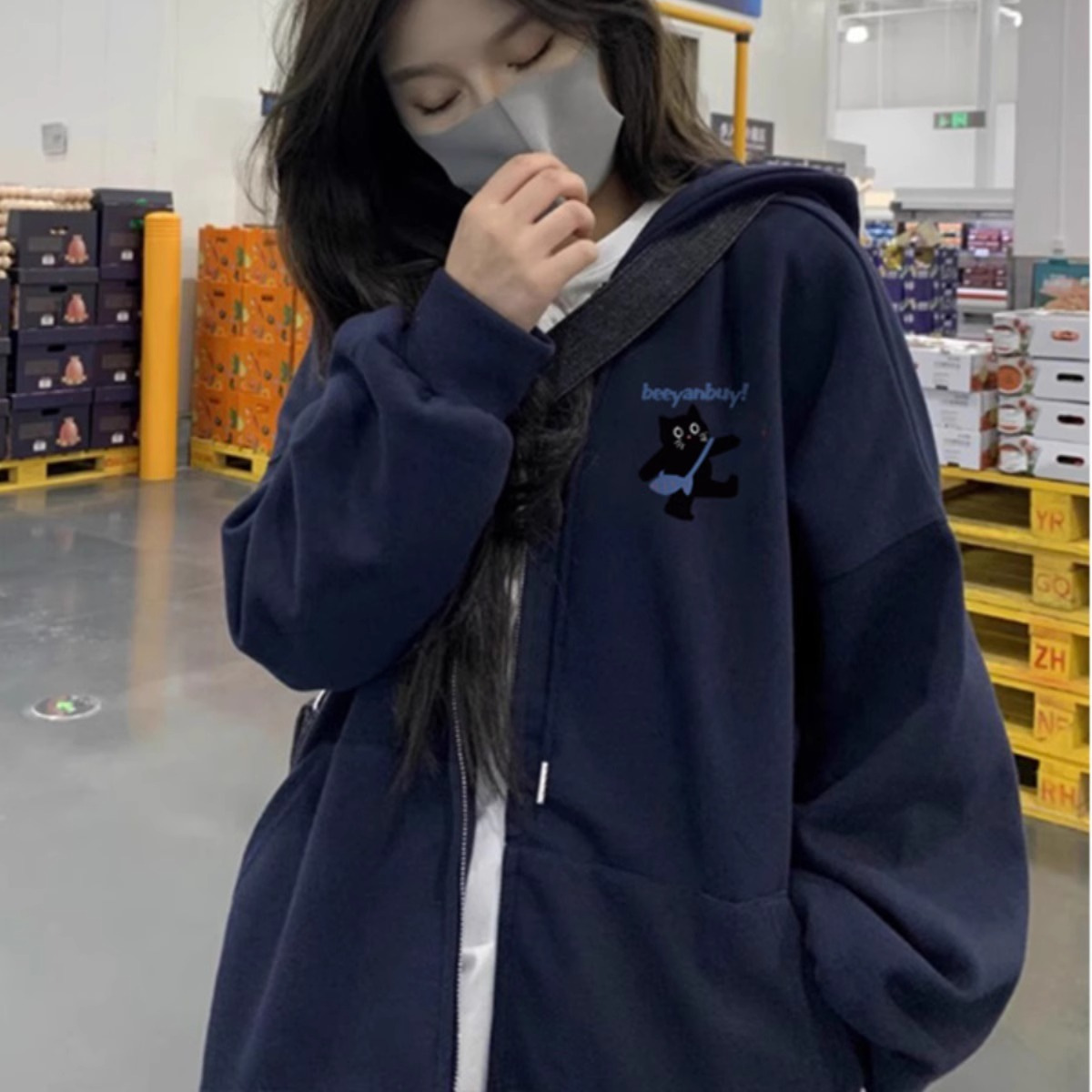 时尚藏青色宽松开衫拉链上衣ins美式早秋冬季外套连帽薄款卫衣女