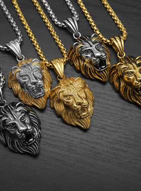 跨境吊坠项链钛钢大号狮头饰品