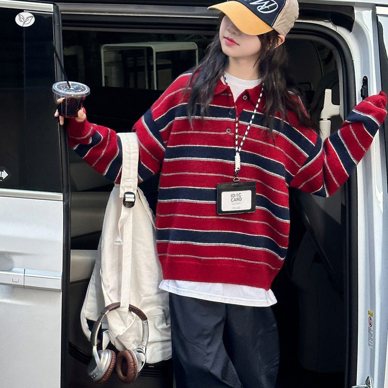 女童条纹毛衣2025秋季新款中大童polo领针织衫春秋休闲撞色打底衫，童装毛衣，祺儿童装