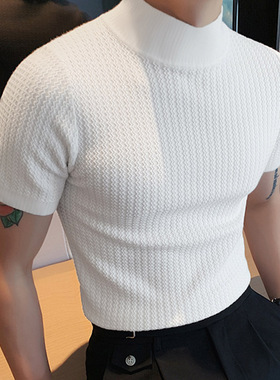 2026夏季外贸新款士短袖紧身简约上衣针织打底衫半领纯色T恤