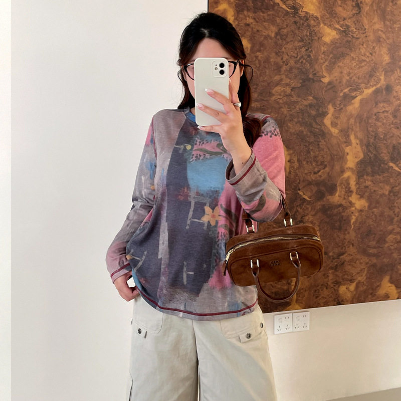 复古油画印花上衣宽松薄款打底衫
