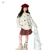 女童加厚毛衣套装2025年秋冬新款中大童韩系可爱针织衫格子裙两件，童装休闲套装，祺儿童装