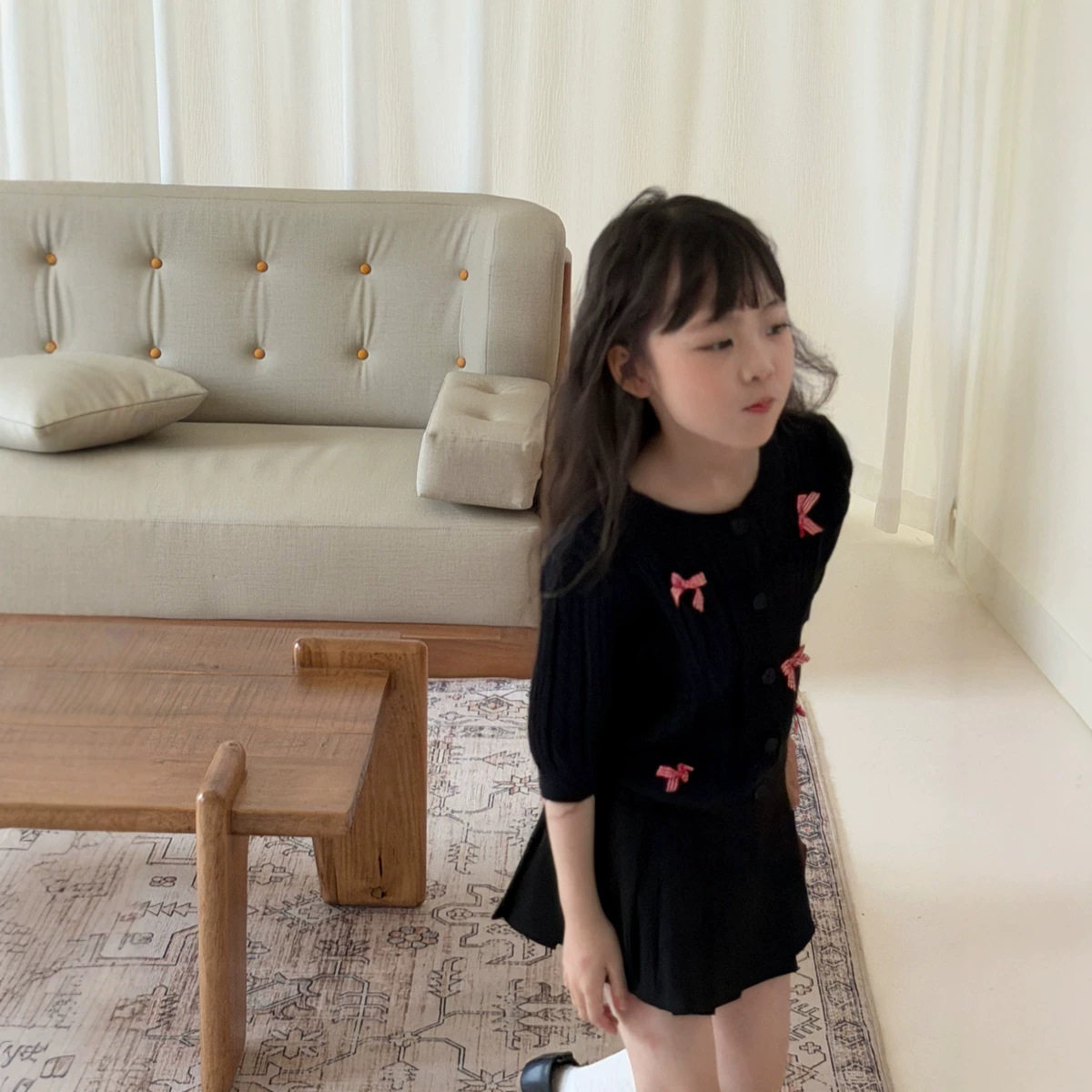 女童秋季新款韩版五分袖毛衣 儿童立体蝴蝶结针织开衫时尚甜美潮