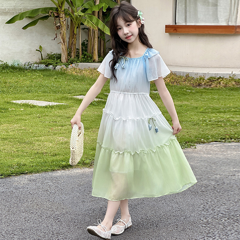 女童裙子小女孩夏季2025新款女大童海边度假沙滩裙夏装公主连衣裙，童装连衣裙，祺妙童装