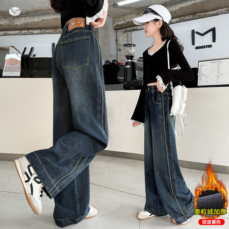 女童2025年冬季新款侧拼柳条工艺线加绒裤女大童冬加厚保暖牛仔裤，童装裤子，祺儿童装