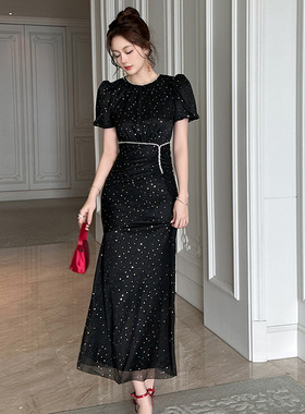 粉色鱼尾订婚晚礼服裙女2025夏季新款法式腰长款连衣裙21648