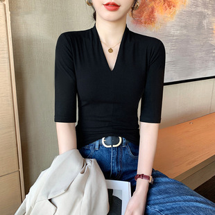 打底上衣 外穿显瘦纯欲风五分中袖 黑色深V领半袖 t恤女夏季