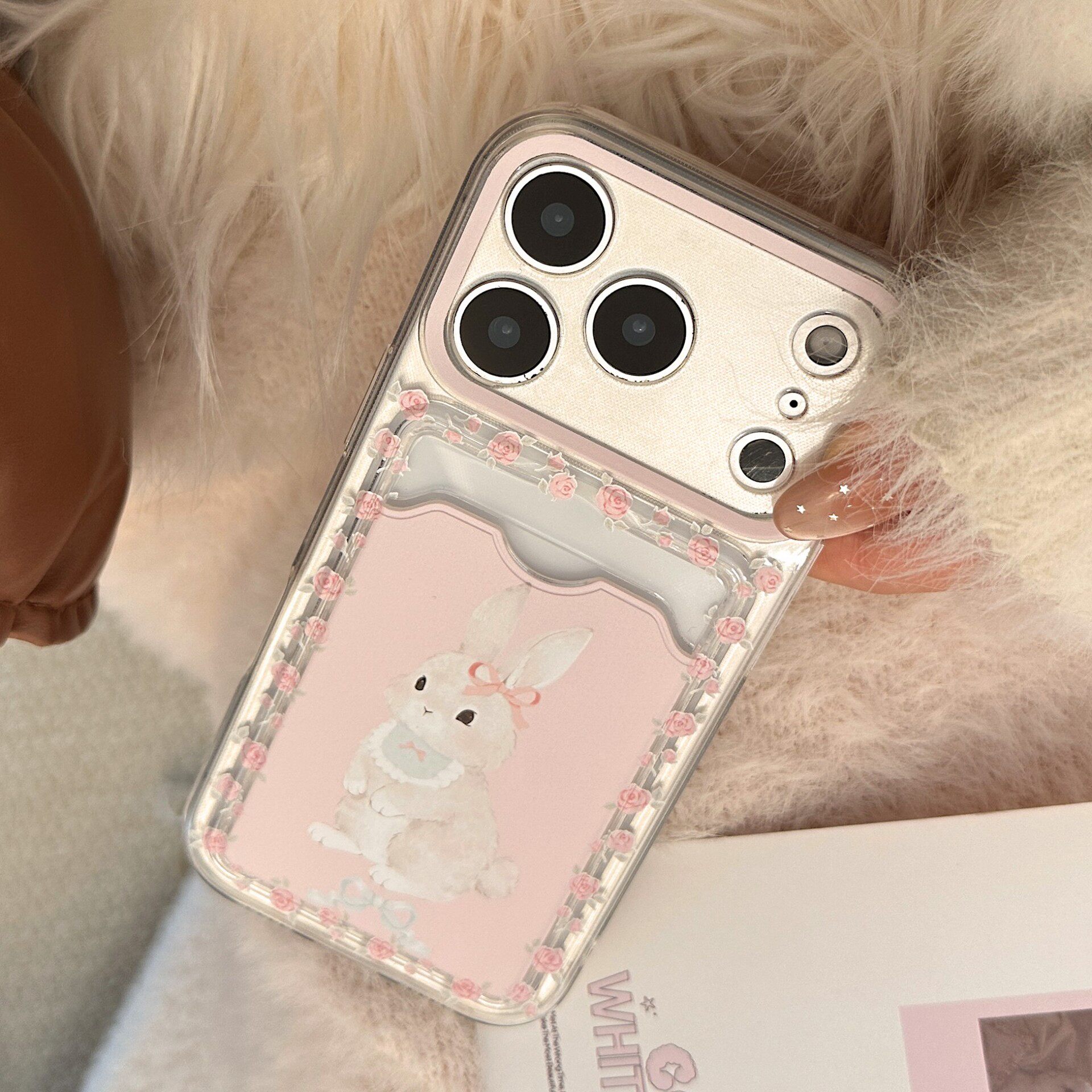 Pink cartoon rabbit card holder soft case适用iphone 11 12 13 14 15 16 17 pro max XR XS MAX 7 8 PLUS