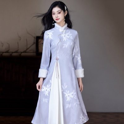 显瘦紫色奥黛加绒国风长袖改良旗袍冬季厚款女新中式2025新款秋冬