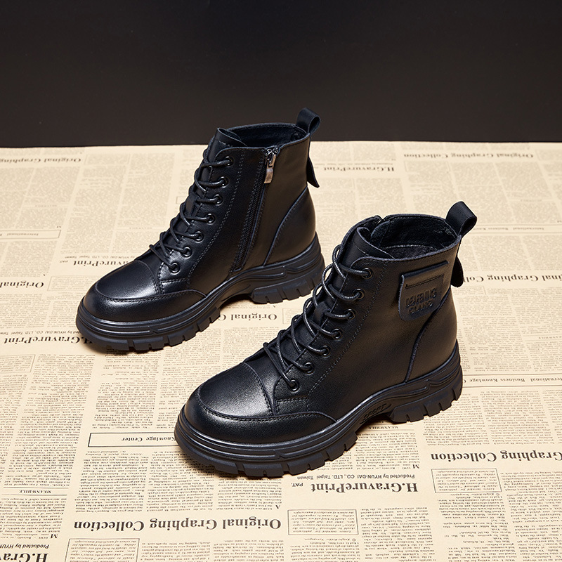 真皮马丁靴女英伦风2025秋冬新款短靴侧拉链圆头粗跟系带款潮靴子