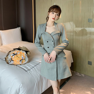 2025秋装新款优雅气质方领千鸟格双排扣连衣裙镶钻格纹裙子20168