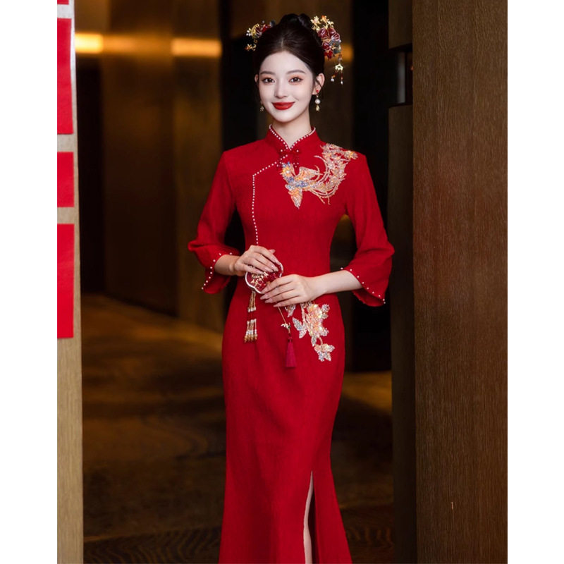 敬酒服新娘级感红色结婚鱼尾旗袍订婚礼服新中式2026新款小个子