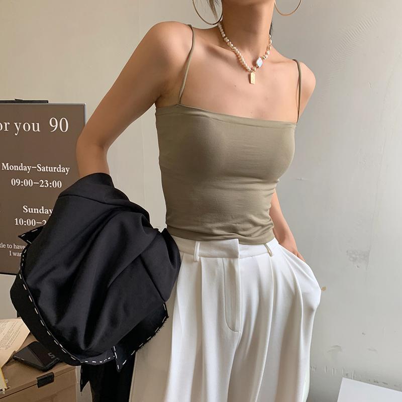 .背心内衣女带胸垫一体夏季辣妹纯色吊带背心带打底抹胸上衣外穿