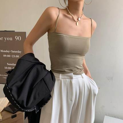 .背心内衣女带胸垫一体夏季辣妹纯色吊带背心带打底抹胸上衣外穿