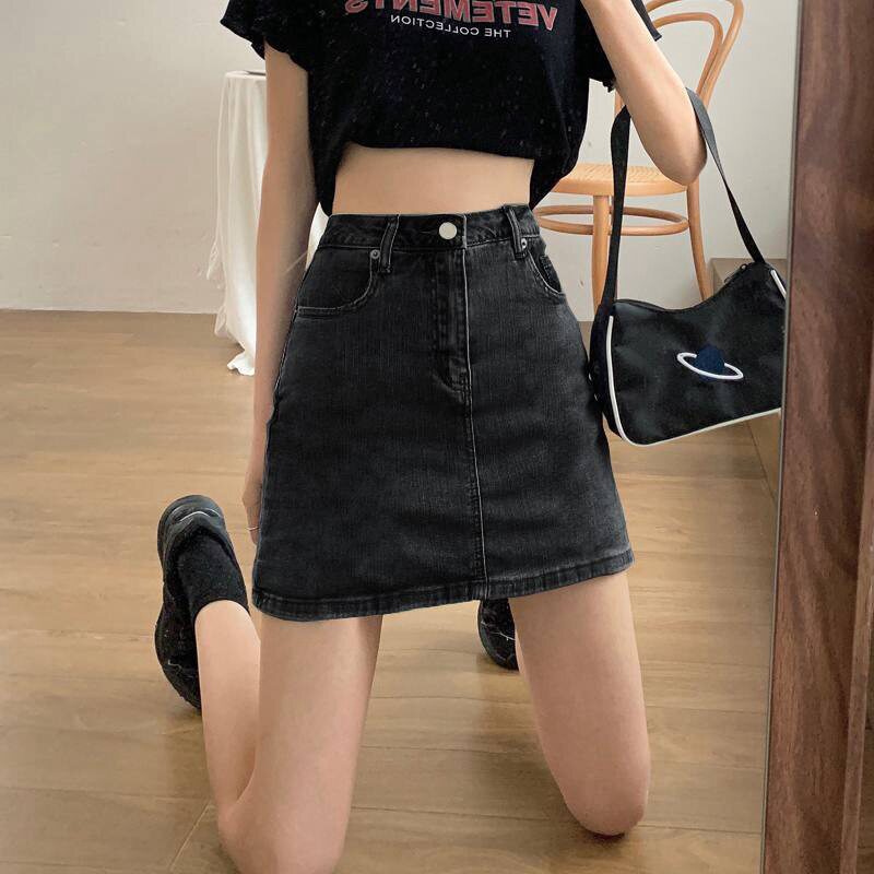 黑灰色a字女裙裙半身裙女夏季薄款ins风韩百搭学生包臀牛仔裙包邮