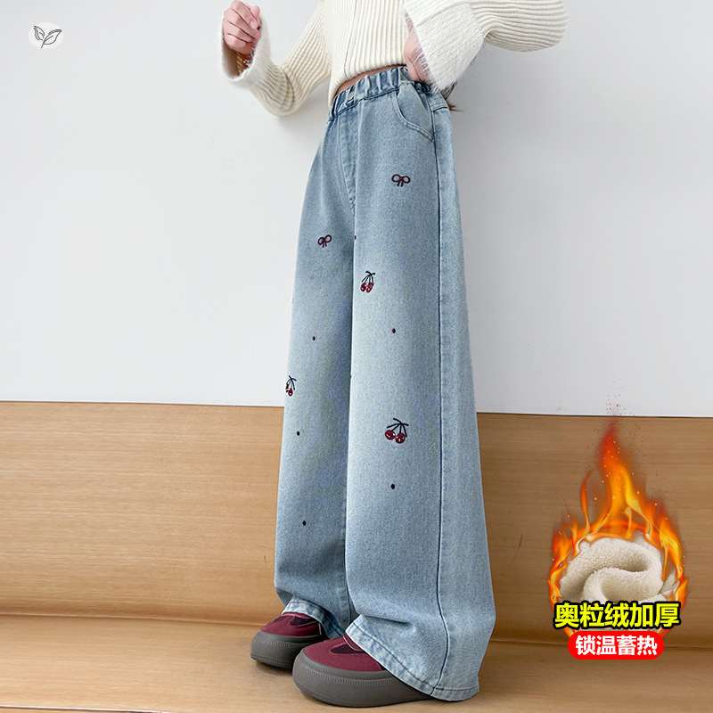 女童秋冬牛仔裤加绒2025年新款中大童前片绣花直筒裤浅蓝色阔腿裤，童装裤子，祺儿童装