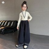 女童2025年秋冬新款脚口花边阔腿裤女大童仿牛仔冬加绒修身直筒裤，童装裤子，祺儿童装