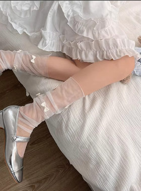 夏季超簿蕾丝网纱长筒袜透明隐形堆堆袜蝴蝶结洛丽塔少女小腿袜子