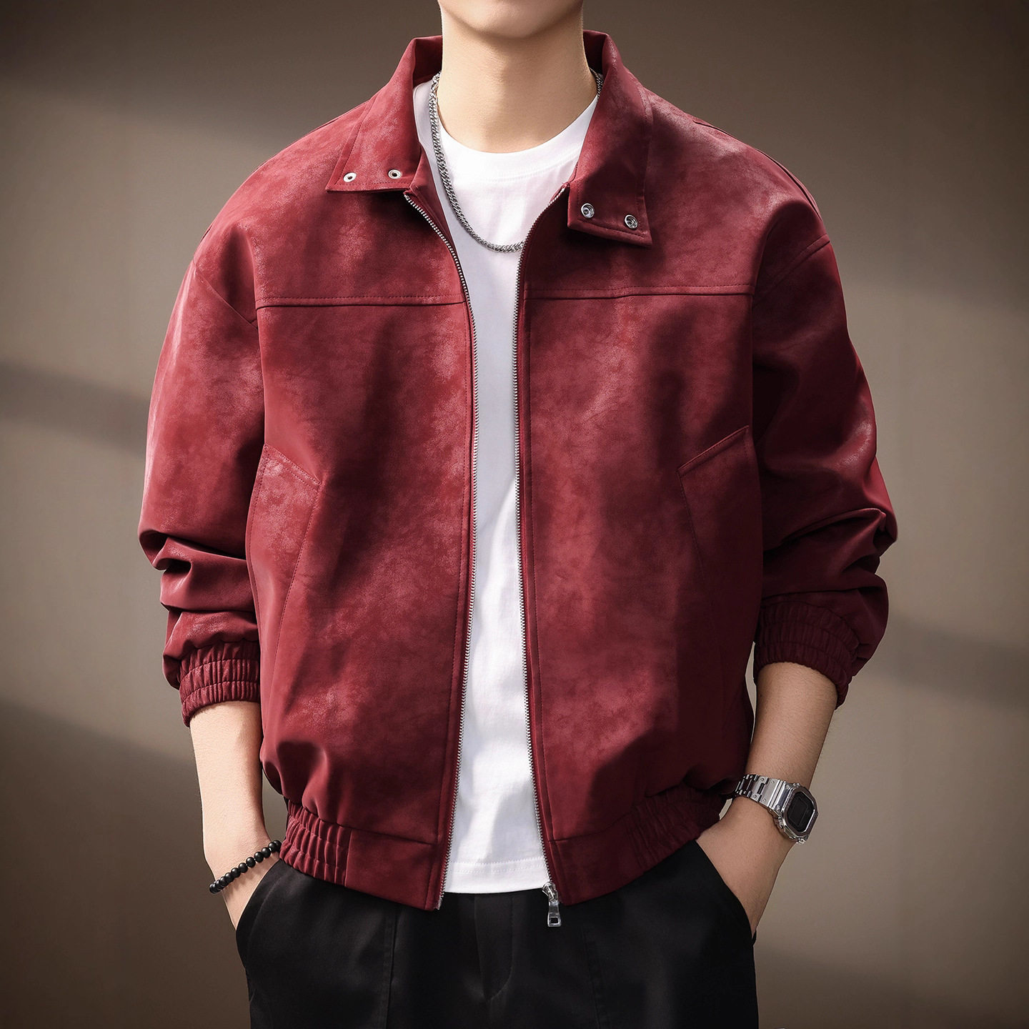 高端美式复古扎染PU皮夹克外套男士秋季高级感潮牌痞帅休闲皮衣男