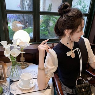 国风盘扣镂空针织衫 新款 新中式 T恤女夏季 上衣 泡泡短袖 外穿打底衫