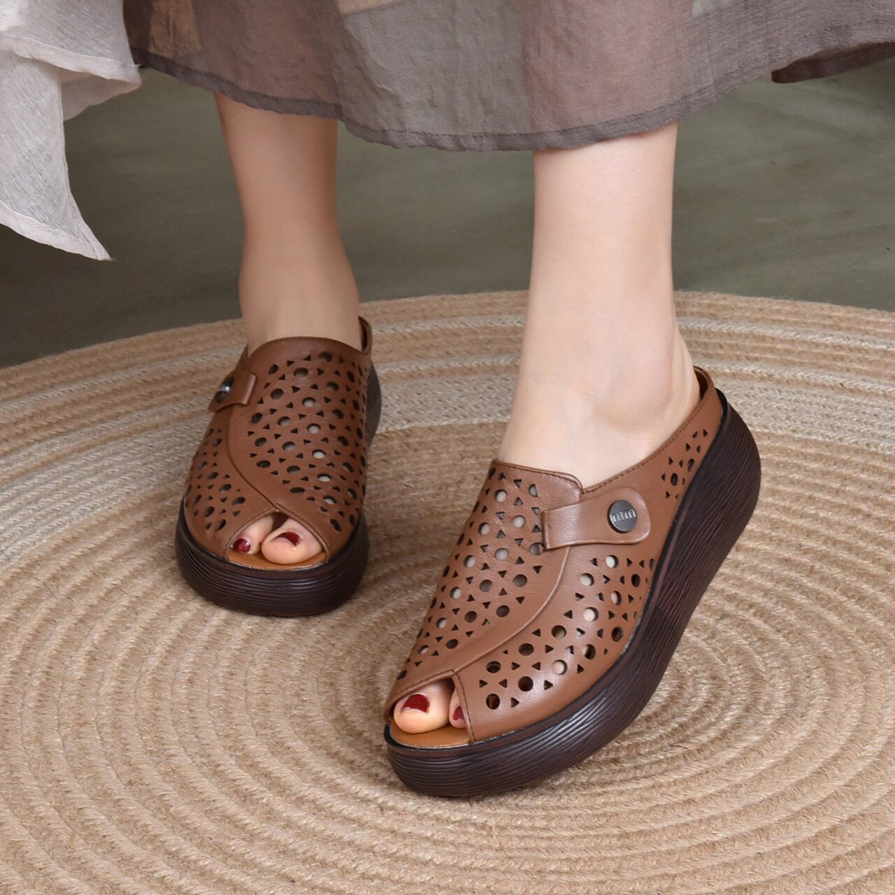 木森鸟26夏季一字拖女凉鞋镂空妈妈凉拖鞋松糕厚底坡跟外穿女拖鞋