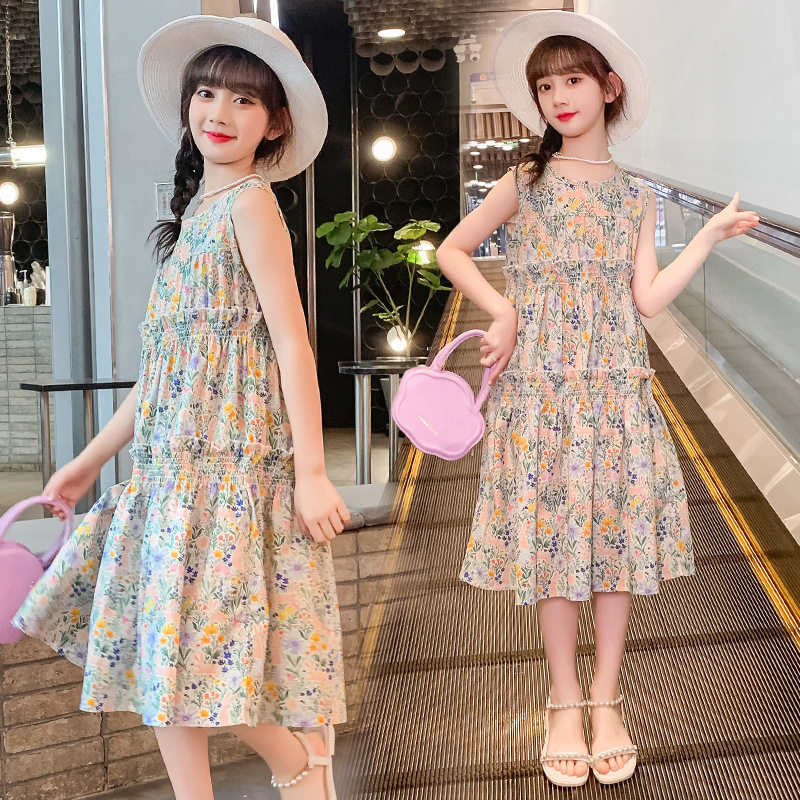夏季新款女童装s时尚无袖连衣裙中大儿童女孩纯棉碎花背心裙子潮