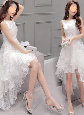Women Dress White Sleeveless O Neck Irregular 不规则女蕾丝裙
