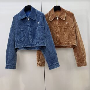 品质复古牛仔色灯芯绒外套深圳南油端女装廓形短款夹克上衣潮