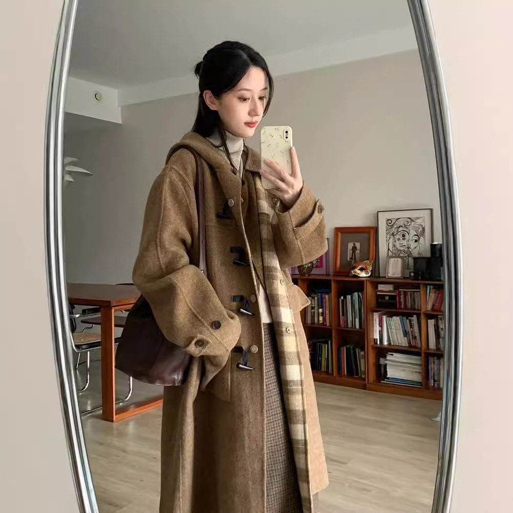 复古秋冬格子双面羊毛大衣女级感毛呢外套