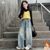 女童牛仔裤加绒加厚2025年秋冬新款中大童烫钻刺绣阔腿裤复古长裤，童装裤子，祺儿童装
