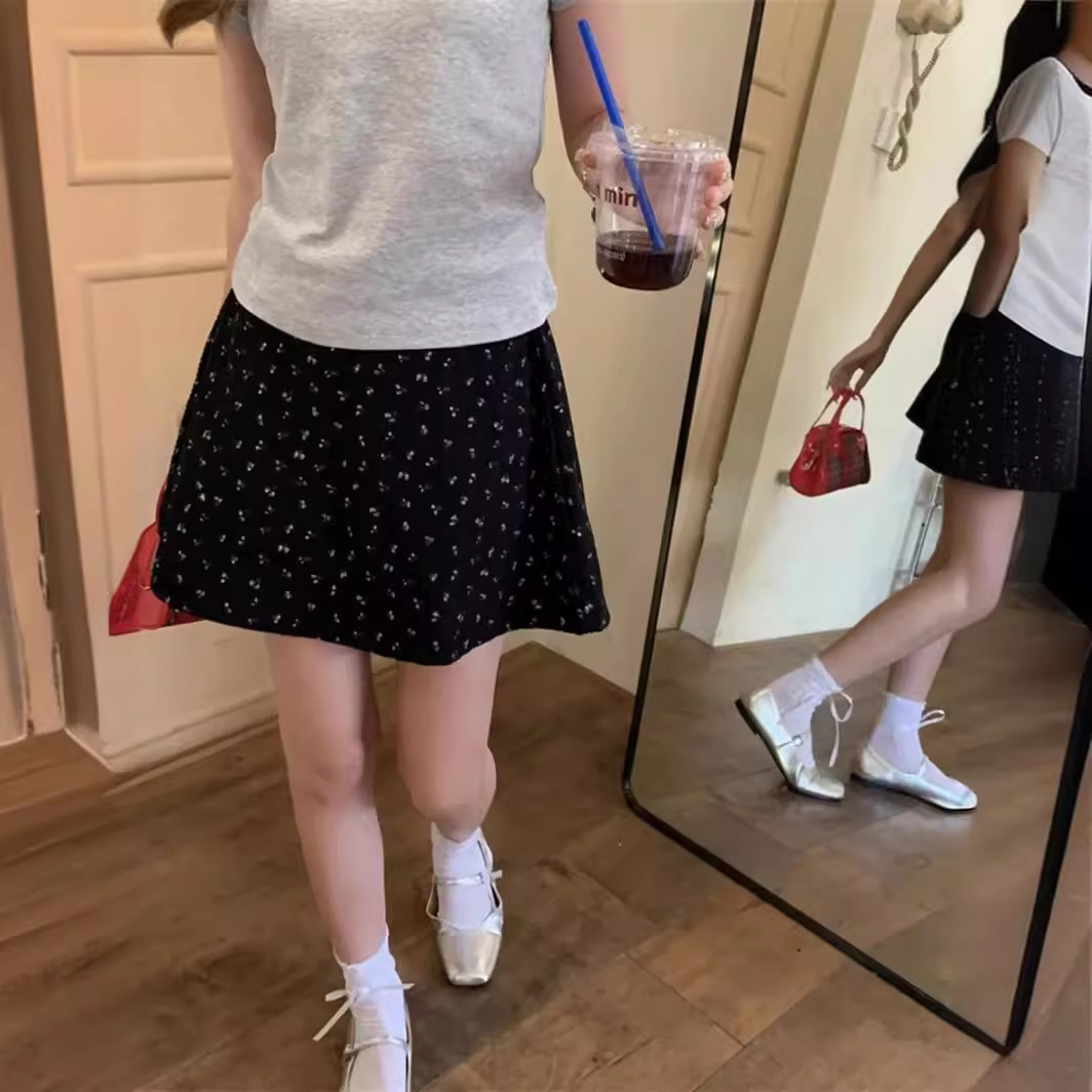 2024复古小碎花半身裙夏季韩版小碎花甜美华夫格腰A字小短裙女